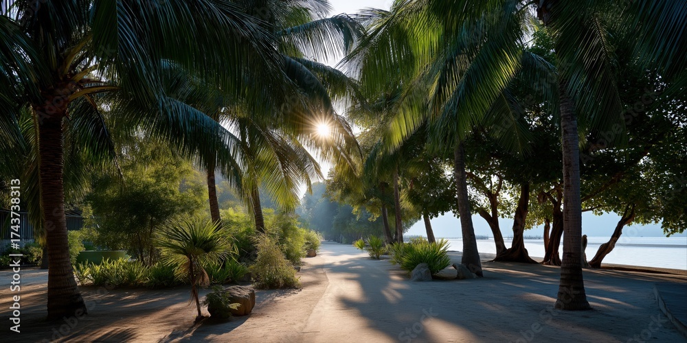 Fototapeta premium Tropical paradise beach pathway lined with palm trees at sunset