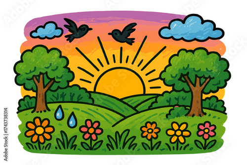 Sunrise Over Fields. Early Morning. Colorful Hand-drawn doodle Children illustration Sun rising over fields, rays shining through trees, birds in flight,