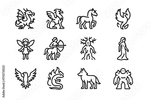 Mythical Creatures Icons. Mythical creatures. Line icon set of Mythical creatures: dragon, griffin, unicorn, phoenix, faerie, centaur, treant, nymph, giant