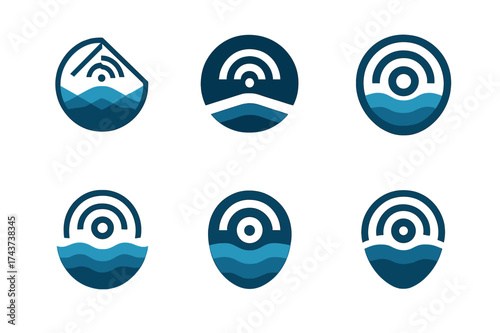 Ocean Sonar Logos. Exploration of ocean depths and undiscovered marine ecosystems. Set Logo of sonar waves: sonar signal radiating through water layers.