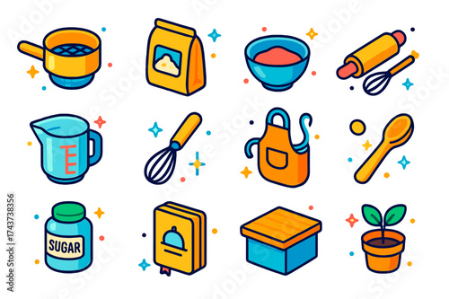 Colorful Baking Essentials. Baking essentials. Colorful isometric vector icons set of baking essentials: sifter, flour, mixing bowl, rolling pin, measuring