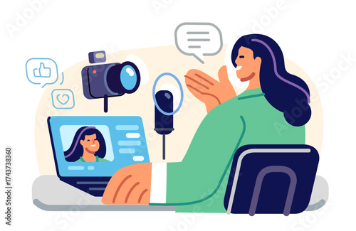Blogger communicating with audience through laptop in home studio. Live video broadcast, influence in social media
