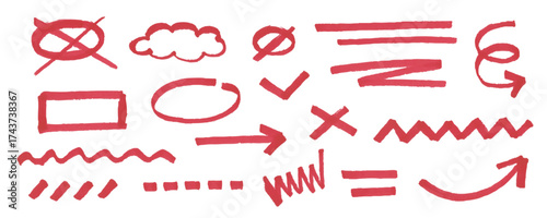 Collection of red marker lines for underlining and highlighting text. Hand drawn texture scribble pen stroke. Curved doodles for design sketch, banner, collage and note.