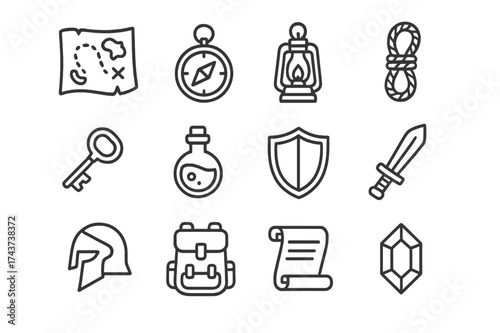 Quest Icons Collection. Quest items. Line icon set of quest items: treasure map, compass, lantern, rope, key, potion, shield, sword, helmet, backpack, scroll,
