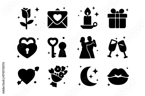 Romantic Icons Set. Romantic Connection. Solid icons set of Romantic Connection: rose, love letter, candle, gift box, heart lock, key, kissing lips, couple
