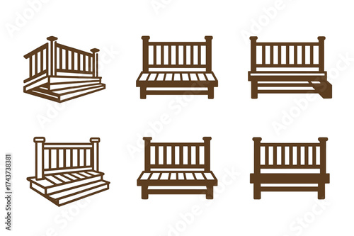 Stylized Deck Logos. Deck builders constructing wooden decks. Set Logo of finished deck: stylized wooden deck with railing. harmonious logo variations of the
