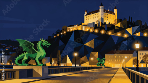Illustration Of A Bridge With A Green Dragon Statue And Ljubljana Castle On A Hill At Night Full Of Lights Vector Design Template