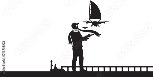 Silhouette of a person in a scarf holding a small flying machine with a sail against a white background