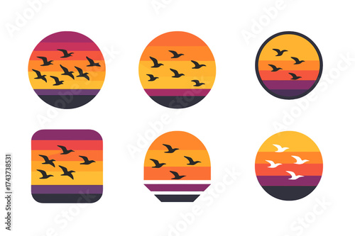 Sunset Bird Migration Logos. A flock of birds migrating across the sky at sunset, silhouetted against the colorful horizon. Set Logo of sunset horizon: layered