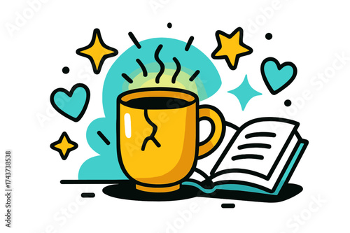 Chipped Mug Memories. Mug with history. A chipped glowing cup sitting beside a book, abstract floating stars and hearts showing comfort, wisdom, and old