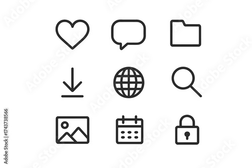 Uniform Icon Set. Equal spacing between icons and equal margins on the edges. Uniform icon size across the set