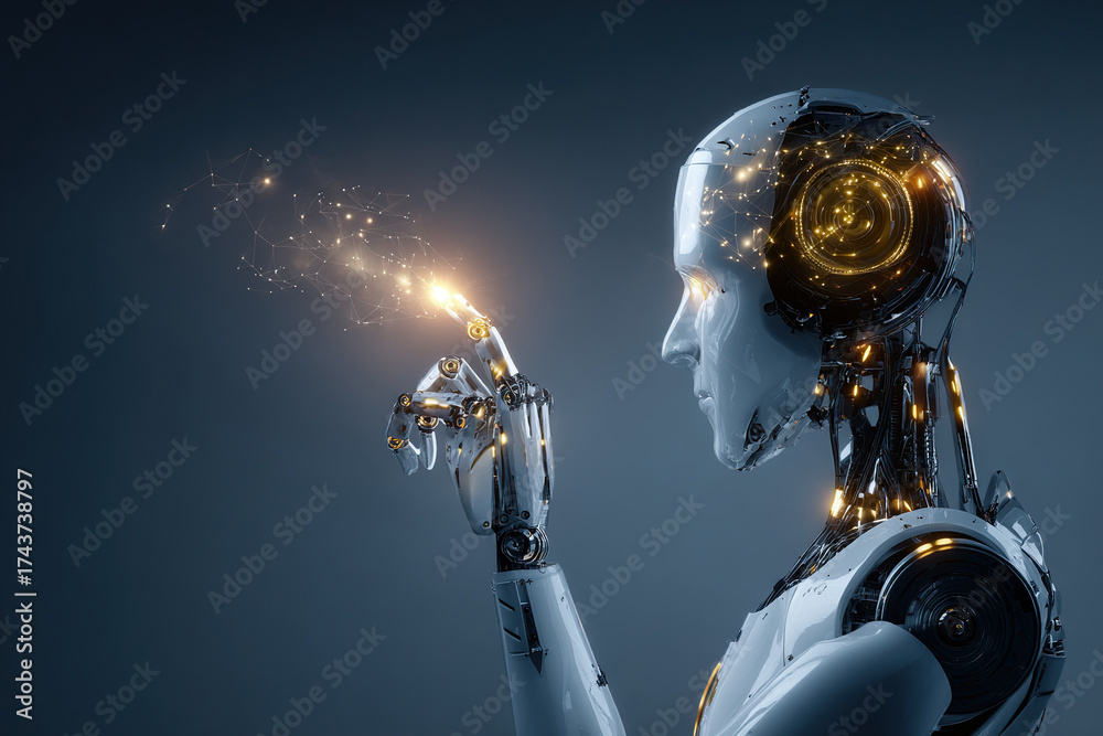 Naklejka premium Humanoid robot with visible artificial intelligence neural networks on dark blue background.