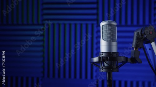A close-up of a podcasting or broadcast microphone on acoustic foam panel background