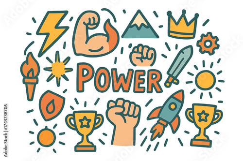 Power Icons Montage. Power. Hand-drawn doodle illustration of Power. lightning bolt, strong arm, flame,