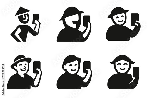 Stylized Travel Selfies. Taking travel selfies. Set Logo of abstract face: figure stylized with phone in hand. harmonious logo variations of the same
