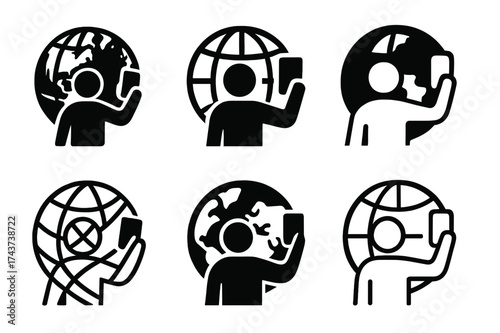 Travel Logo Designs. Taking travel selfies. Set Logo of globe shot: figure holding phone with Earth silhouette behind. harmonious logo variations of the same