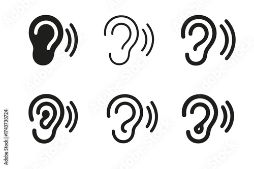 Hearing Support Logos. Designing for accessibility in urban environments. Set Logo of hearing support: ear with sound waves symbol. harmonious logo variations