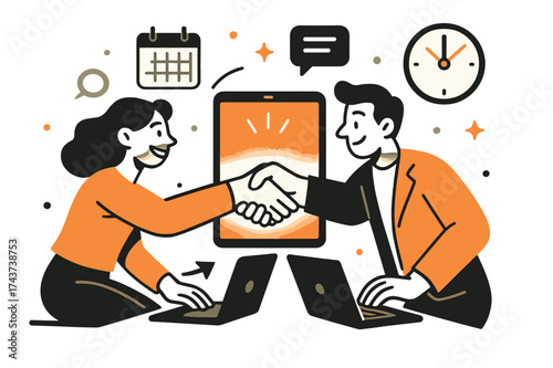 Virtual Work Negotiation. Negotiating remote work arrangements. Two characters sitting at laptops on opposite