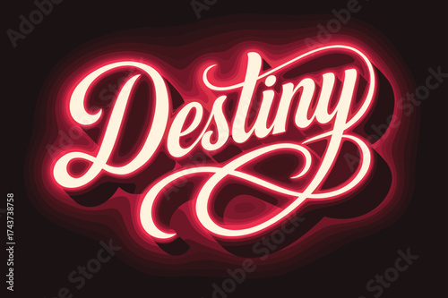 Mystical Retro Calligraphy. Destiny. retro calligraphy, dynamic curves, angled 3D shadow, glowing outlines,