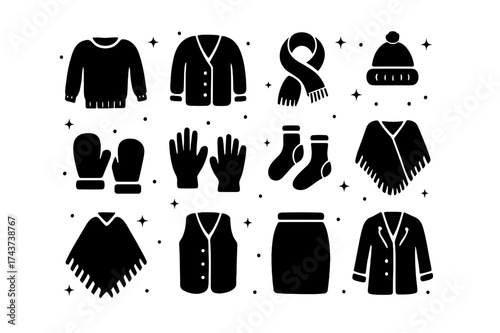 Wool Clothing Icons. Wool Clothing. Solid icons set of Wool Clothing: wool sweater, cardigan, scarf, beanie hat, mittens, gloves, socks, shawl, poncho, vest,