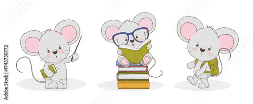 Adorable cartoon mice engage in learning activities. One mouse points to a book, another reads while sitting on a stack of books, and a third carries a backpack. Vector illustration