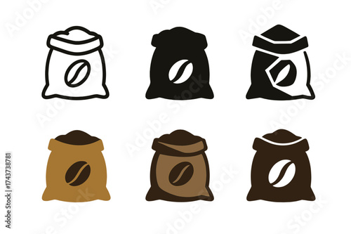 Coffee Sacks Logos. Sacks of coffee beans. Set Logo of Coffee: burlap sacks with beans. harmonious logo variations of the same emblematic concept, each with
