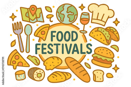 Food Festival Fun. Food Festivals. Hand-drawn doodle illustration of Food Festivals. Fork, spoon, plate, wine