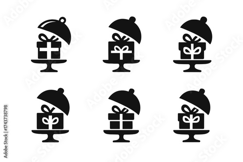 Surprise Cake Logos. Unveiling a Surprise Cake. Set Logo of Surprise Cake: ribbon-wrapped cake reveal. harmonious logo variations of the same emblematic