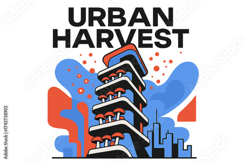 Urban Harvest Vision. Community Farming Tower. Abstract futuristic building with balconies filled with