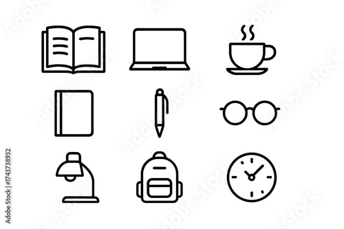 Coffee Shop Study Icons. Study in coffee shop. Line icon set of study in coffee shop: open book, laptop, coffee cup, notebook, pen, glasses, croissant, lamp,
