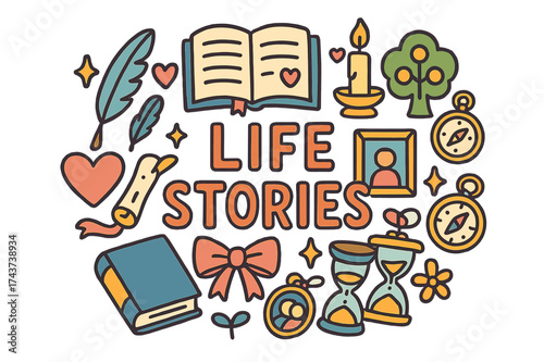 Life Stories Illustration. Life Stories. Hand-drawn doodle illustration of Life Stories. Open journal, quill