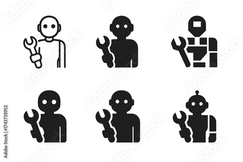 Repair Robot Logos. Robotic maintenance crews. Set Logo of repair robot: humanoid robot holding wrench. harmonious logo variations of the same emblematic