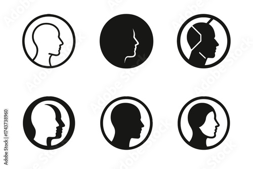 Ego Identity Logos. Ego and identity. Set Logo of human silhouette: profile face within a circle. harmonious logo variations of the same emblematic concept,