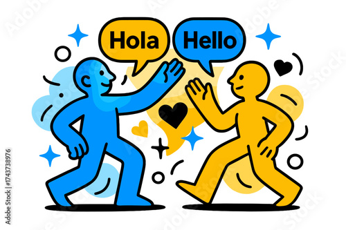 Cultural Exchange Illustration. Bridging cultures. Two glowing figures exchanging speech bubbles in different languages with abstract floating hearts and stars