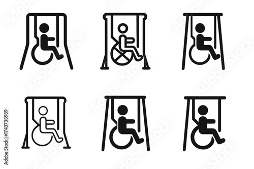 Inclusive Playground Logos. Designing for accessibility in urban environments. Set Logo of inclusive playground: child on swing with accessibility elements.