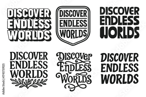 Creative Lettering Grid. Discover Endless Worlds. Set lettering. harmonious lettering variations of the same emblematic concept, each with different artistic