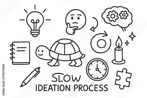 Slow Ideation Symbols. Slow ideation process. Hand-drawn doodle illustration slow ideation process turtle, light bulb sketch, thinking face, notebook, pen
