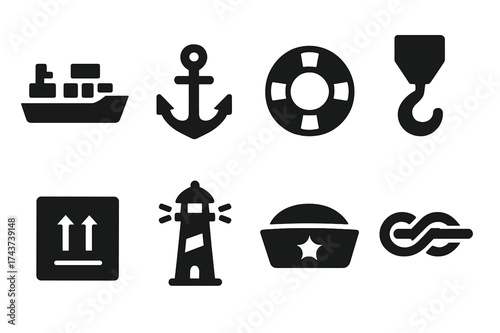 Maritime Icon Set. Maritime Shipping. Filled icon set of Maritime Shipping: container ship, anchor, life buoy,
