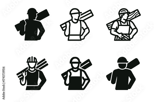 Carpenter Logo Variations. Deck builders constructing wooden decks. Set Logo of carpenter figure: builder silhouette holding plank. harmonious logo variations
