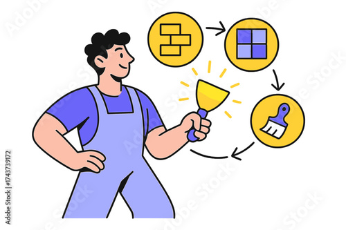 Dynamic Renovation Icons. Renovation process. Person holding glowing putty knife with floating icons of walls,