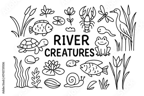 River Creatures Doodle. River Creatures. Hand-drawn doodle illustration of River Creatures. Fish, turtle, frog