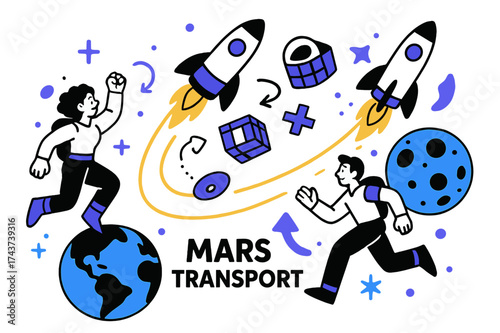 Mars Journey Arcs. Mars transport. Rockets launching from Earth toward Mars with glowing arcs showing travel