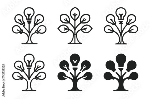 Tree of Ideas Logos. Team brainstorming innovative ideas. Set Logo of tree of ideas: branches forming lightbulbs. harmonious logo variations of the same