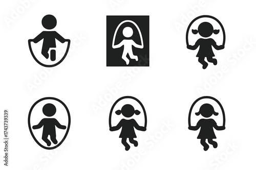 Jump Rope Logos. Children playing sports or engaging in physical activities. Set Logo of jump rope: child skipping rope in playful motion. harmonious logo