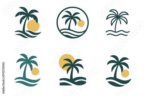 Beach Logo Variations. Travel destinations. Set Logo of beach palm: palm tree with waves and sun. harmonious logo variations of the same emblematic concept,