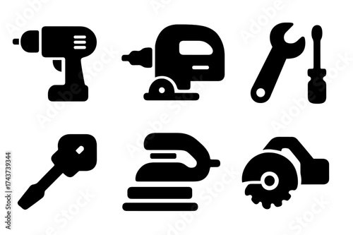 Power Tools Icons. Power Tools. Filled icon set of Power Tools: drill, grinder, jigsaw, wrench, screwdriver,