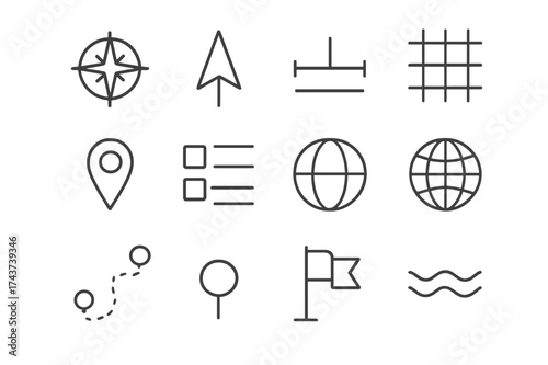 Navigation Symbols Set. Navigation symbols. Line icon set of Navigation symbols: compass rose, north arrow, scale bar, grid lines, map pin, legend, latitude