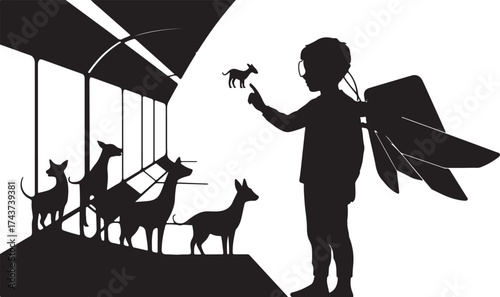 Silhouette of a child with wings holding a small goat while other goats stand in a line on a platform