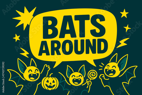 BatsAround Halloween Banner. BatsAround banner, flat vector illustration, bold oversized text inside rounded blob, cartoon characters shouting and cheering