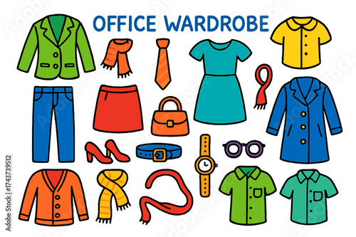 Office Wardrobe Doodles. Office wardrobe. Colorful Hand-drawn doodle Children illustration Office wardrobe blazer, blouse, tie, trousers, skirt, dress, shoes,